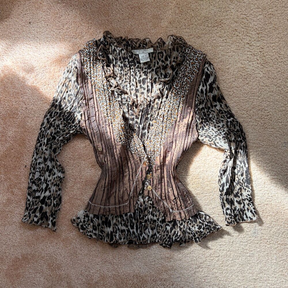 y2k whimsy patchwork leopard crinkle ruffle top